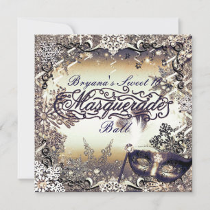 White Gold & Bronze Masquerade Winter Snowflakes Invitation