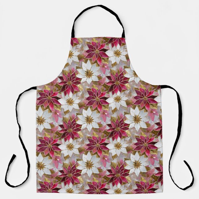 White Gold Burgundy Pink Christmas Poinsettias Apron (Front)
