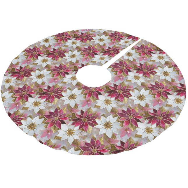 White Gold Burgundy Pink Christmas Poinsettias Brushed Polyester Tree Skirt (Angled)