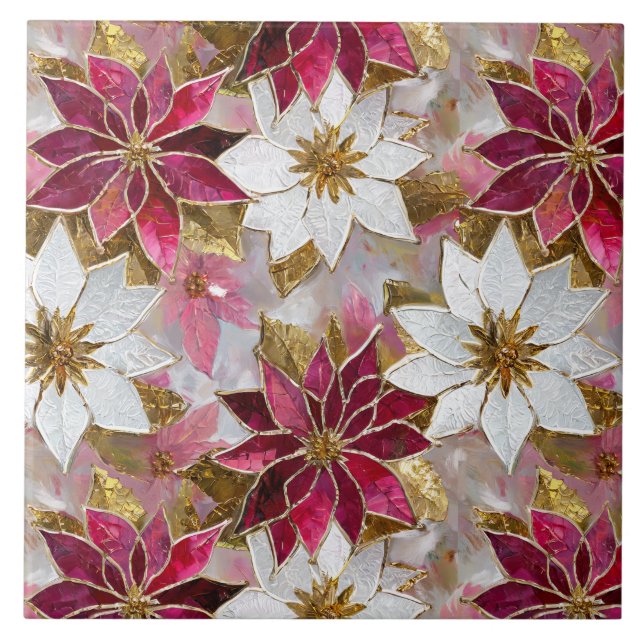 White Gold Burgundy Pink Christmas Poinsettias Ceramic Tile (Front)