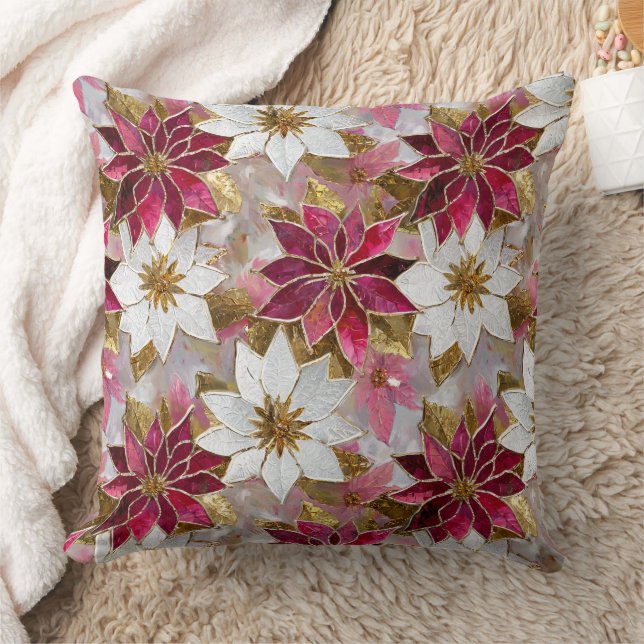 White Gold Burgundy Pink Christmas Poinsettias Cushion (Blanket)