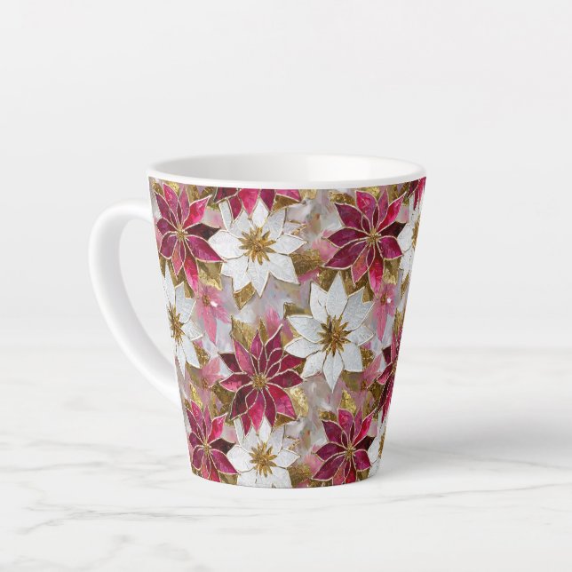 White Gold Burgundy Pink Christmas Poinsettias Latte Mug (Left Angle)