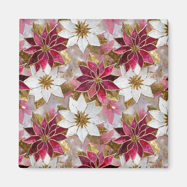 White Gold Burgundy Pink Christmas Poinsettias Magnet (Front)