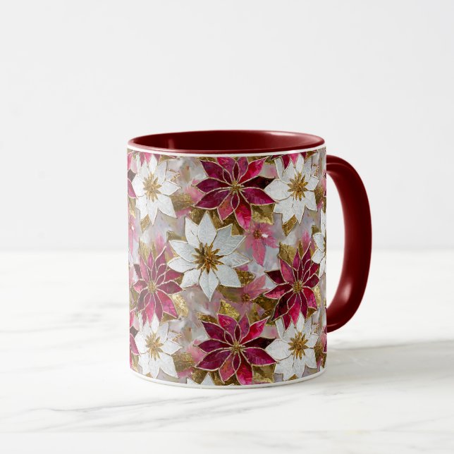 White Gold Burgundy Pink Christmas Poinsettias Mug (Front Right)