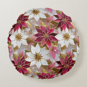 White Gold Burgundy Pink Christmas Poinsettias Round Cushion