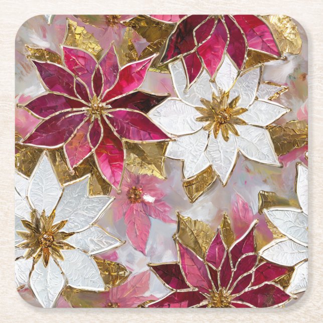 White Gold Burgundy Pink Christmas Poinsettias Square Paper Coaster (Front)