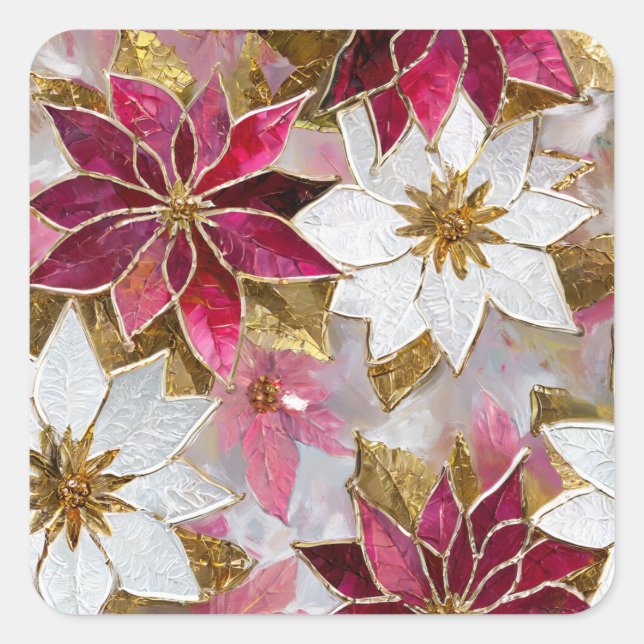 White Gold Burgundy Pink Christmas Poinsettias Square Sticker (Front)
