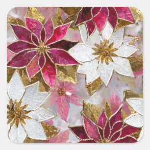 White Gold Burgundy Pink Christmas Poinsettias Square Sticker
