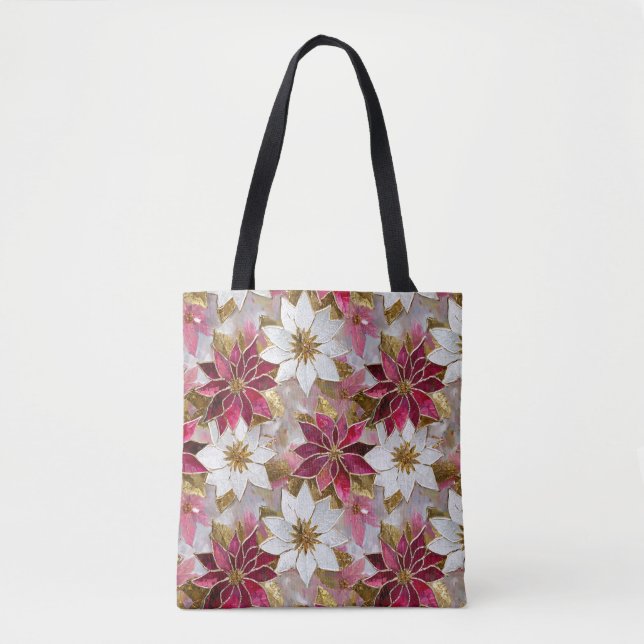 White Gold Burgundy Pink Christmas Poinsettias Tote Bag (Front)