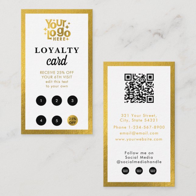White Gold Business Logo QR Code Loyalty Retro Business Card (Front/Back)