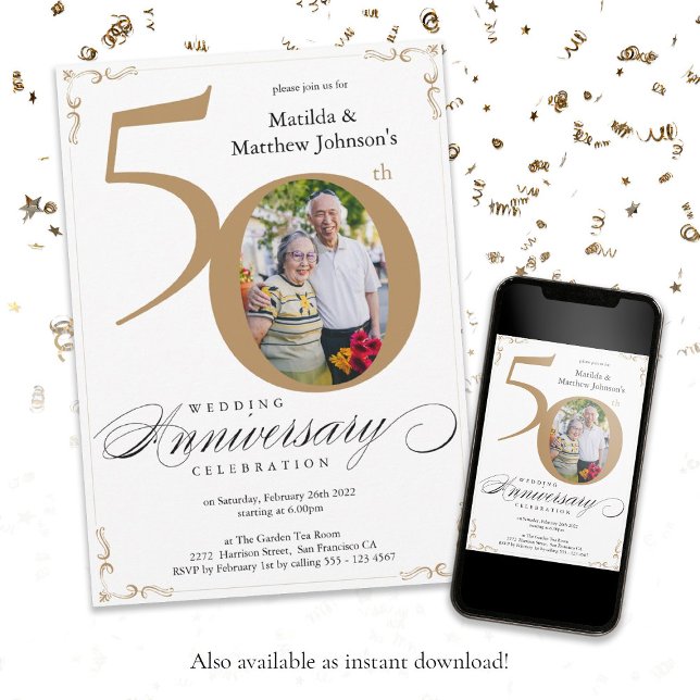 White Gold Calligraphy 50th Wedding Anniversary Invitation (White Gold Calligraphy 50th Wedding Anniversary Invitation)