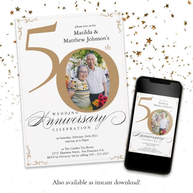 White Gold Calligraphy Photo 50th Anniversary  Invitation (White Gold Calligraphy Photo 50th Anniversary Invitation)
