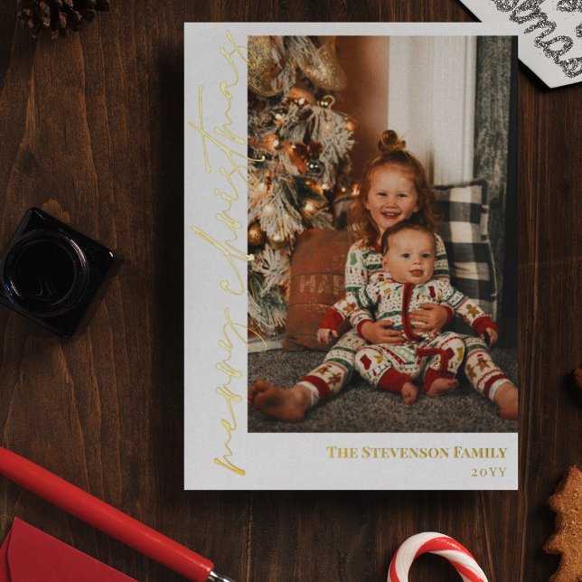 White Gold Calligraphy Photo Merry Christmas Foil  Foil Holiday Card (Creator Uploaded)