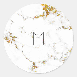 White Gold Carrara Marble Minimal Monogram Classic Round Sticker