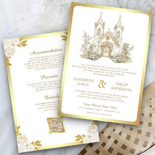 White Gold Catholic Church All in One Wedding Invitation