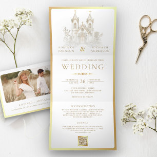 White Gold Catholic Church All in One Wedding Tri-Fold Invitation