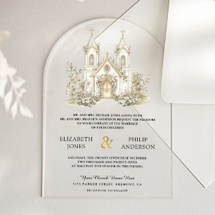 White Gold Catholic Church Wedding Acrylic Invitations