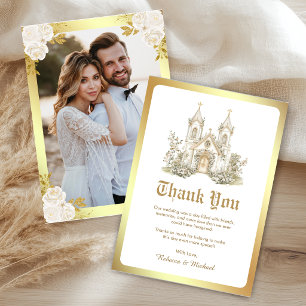 White Gold Catholic Church Wedding Photo Thank You Card