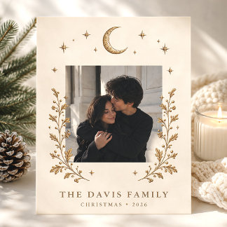 White Gold Celestial Family Christmas Photo Holiday Card