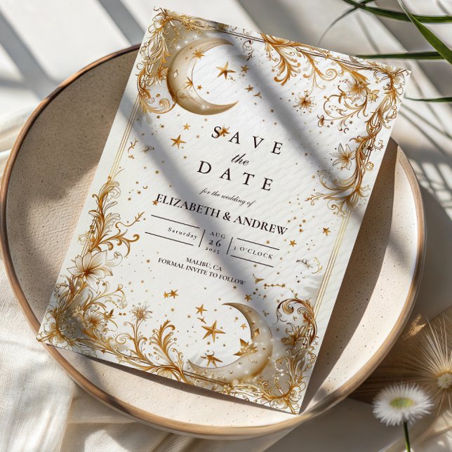 White Gold Celestial Moon & Stars Wedding Save The Date (Creator Uploaded)