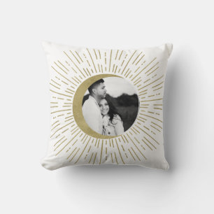White & Gold Celestial Sunburst Moon Photo Wedding Cushion