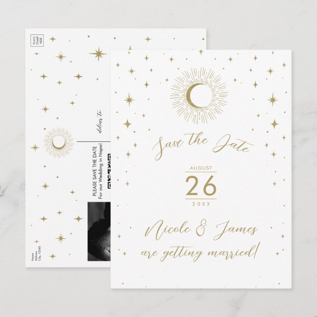 White Gold Celestial Sunburst Photo Save The Date Announcement Postcard (Front/Back)