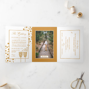White & Gold Champagne Bubbles, Wedding Suite Tri-Fold Invitation