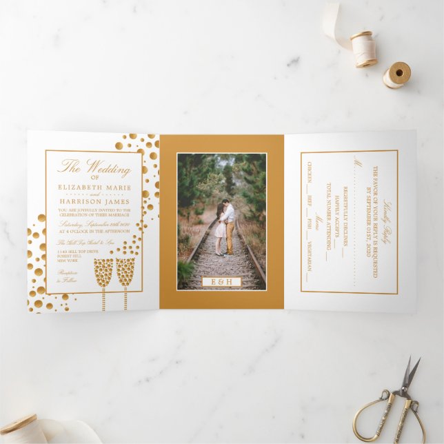 White & Gold Champagne Bubbles, Wedding Suite Tri-Fold Invitation (Inside)