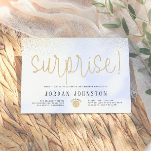 White & Gold Chic Script Surprise Birthday Party Invitation