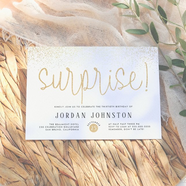 White & Gold Chic Script Surprise Birthday Party Invitation (Creator Uploaded)