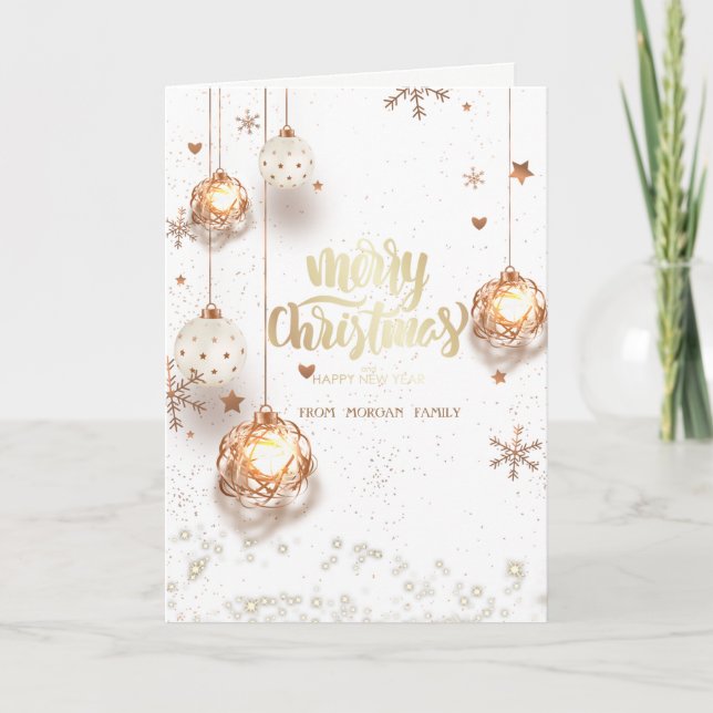 White Gold Christmas Balls Holiday Card (Front)