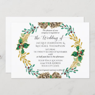White Gold Christmas Pine Cone Greenery Wedding Invitation