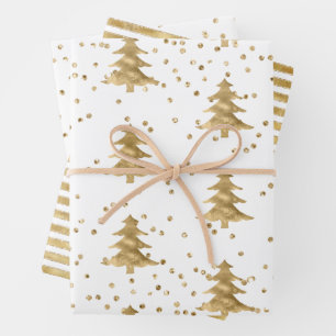 White Gold Christmas Tree Stripes Sparkle     Wrapping Paper Sheet