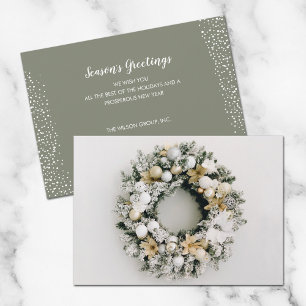 White Gold Christmas Wreath Business Holiday Card