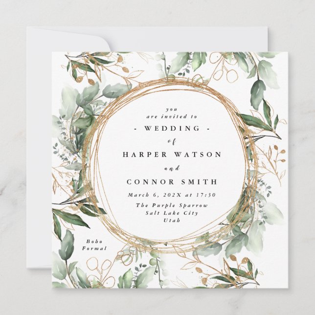 White Gold Circle Frame Boho Botanical Eucalyptus Invitation (Front)
