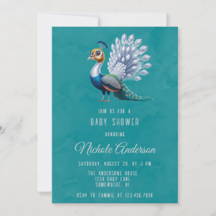 White Gold Colourful Peacock Baby Shower Welcome Invitation
