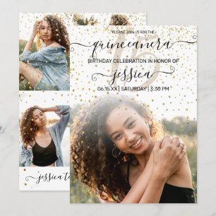 White Gold Confetti Photo Collage Quinceañera Invitation