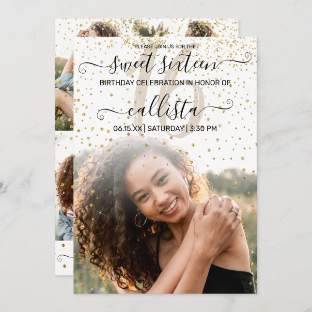 White Gold Confetti Photo Collage Sweet 16 Invitation (Front/Back)