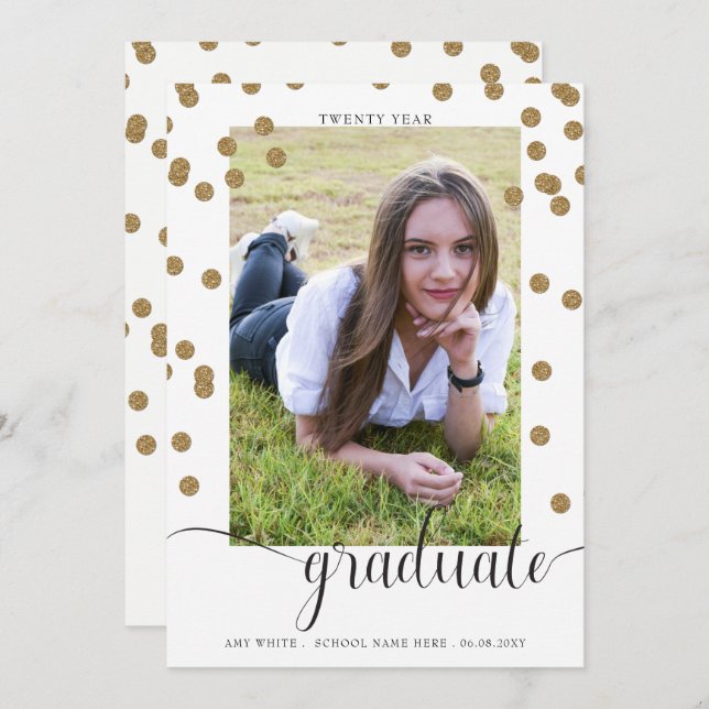 White Gold Confetti Photo Graduation Announcement (Front/Back)