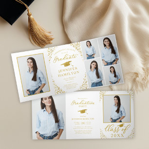 White Gold Confetti Photo Graduation Party  Tri-Fold Invitation