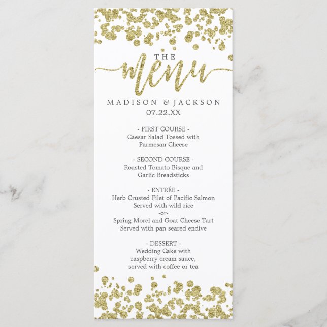White & Gold Confetti Wedding Menu (Front)