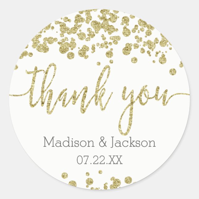 White & Gold Confetti Wedding Thank You Favour Classic Round Sticker (Front)