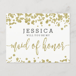 White & Gold Confetti Will You Be My Maid of Honou Invitation