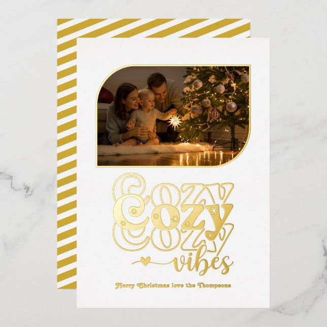 White & Gold Cosy Vibes Retro Christmas Photo Foil Holiday Card (Front/Back)