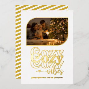 White & Gold Cozy Vibes Retro Christmas Photo Foil Holiday Card