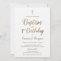 White Gold Cross Baptism 1st Birthday Invitation
