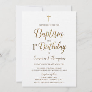 White Gold Cross Baptism 1st Birthday Invitation
