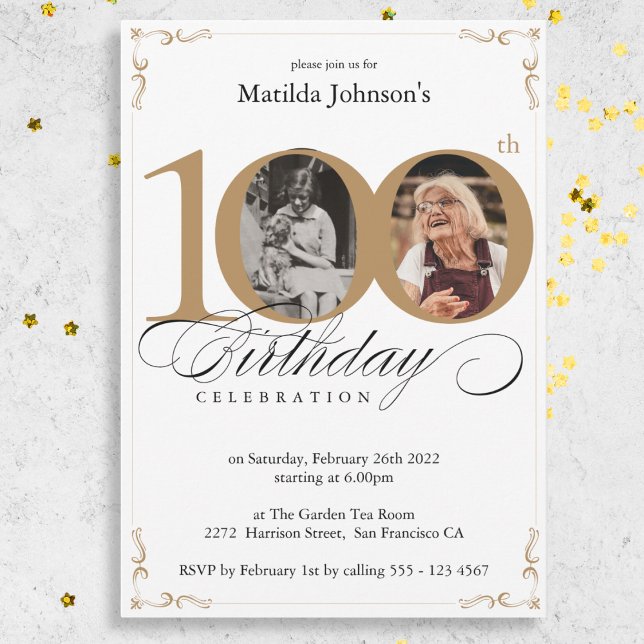 White Gold Custom Photo 100th Birthday Party Invitation (White Gold Custom Photo 100th Birthday Party Invitation)