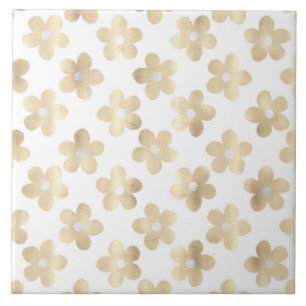 White Gold Daisy Flowers Retro Pattern Ceramic Tile