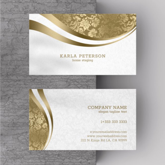 White & Gold Damask Dynamic Lines Monogram Business Card (Creator Uploaded)